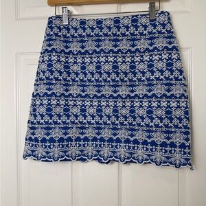 LOFT Royal Blue and White Embroidered Mini Skirt